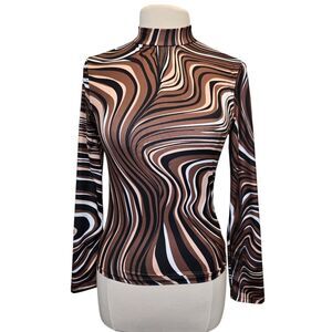 SHEIN Womens M Mock Neck Brown Marble Print Long Sleeve Shirt